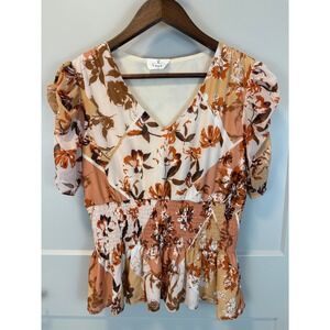 Ember by Anthropologie Patchwork Woodland Fairy Ruched Blouse Size Large Neutral
